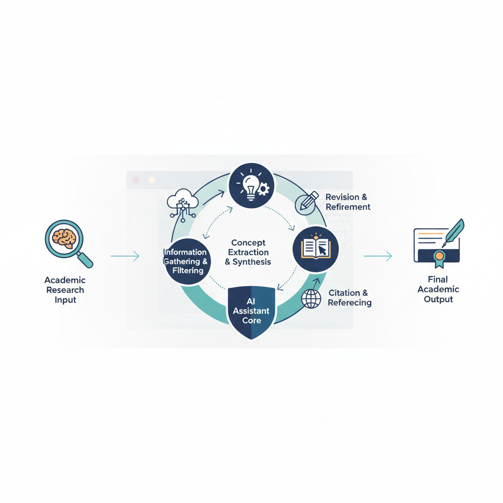 A diagram showing how an AI writing assistant like Medra helps with research, structuring, and writing.