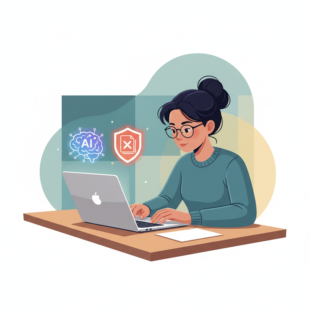 Étudiant utilisant un ordinateur portable avec des icônes représentant l'IA et un bouclier de protection contre le plagiat.