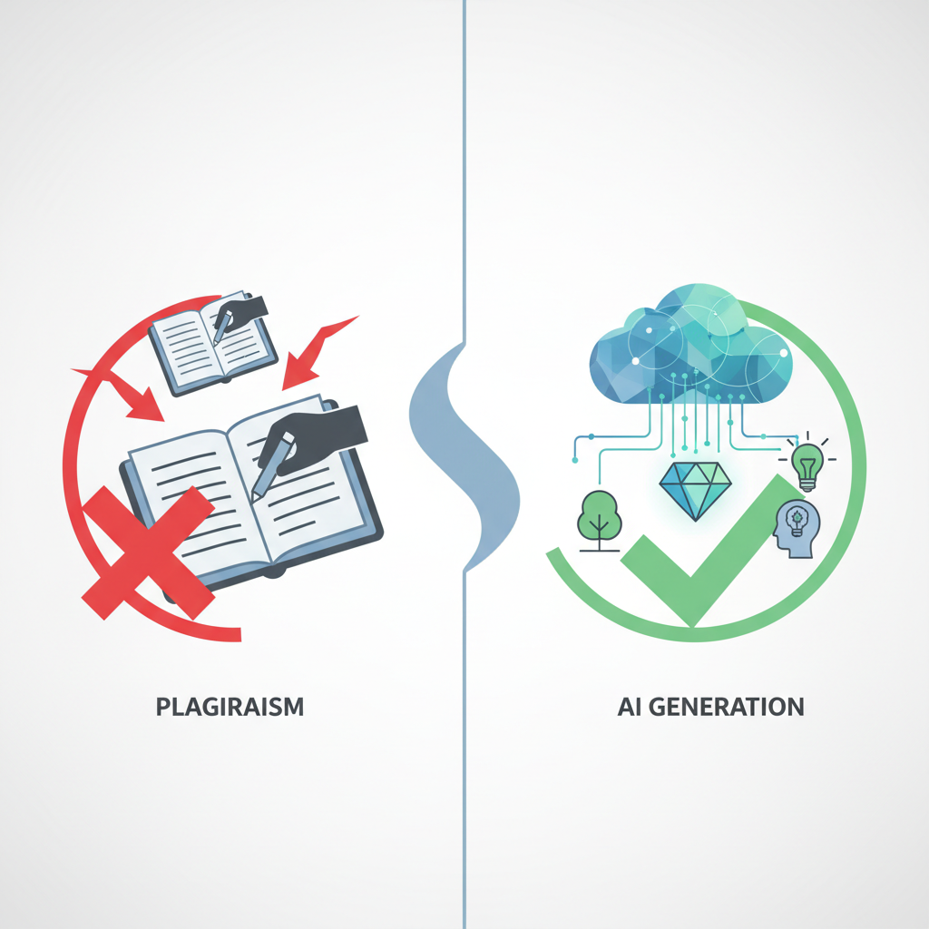 Schéma illustrant la différence entre le plagiat qui copie des sources existantes et l'IA qui génère du nouveau contenu.