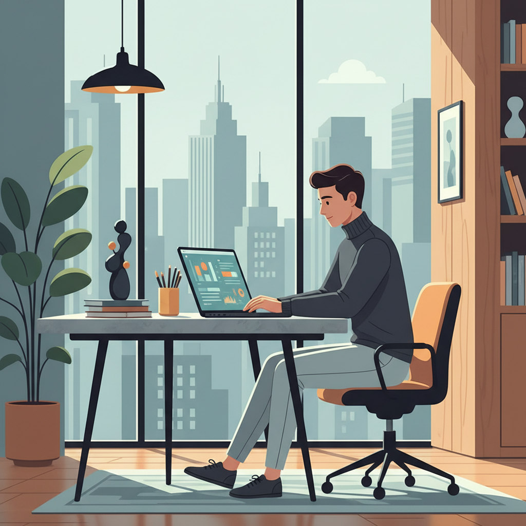 Étudiant en école de commerce concentré sur son ordinateur portable dans une bibliothèque moderne.