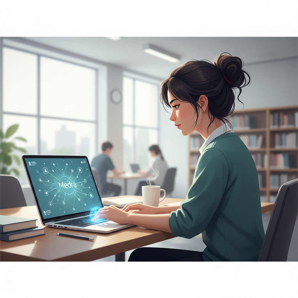 Un étudiant universitaire utilise l'assistant de rédaction IA Medra sur son ordinateur portable pour rédiger une dissertation.