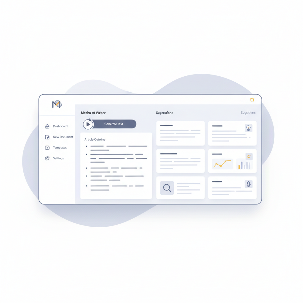 Une capture d'écran de l'interface utilisateur de Medra, montrant le tableau de bord de rédaction épuré et les outils.