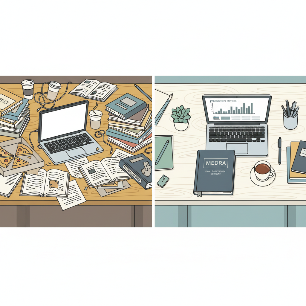 Comparaison avant/après d'un espace de travail étudiant, passant du chaos à l'organisation grâce à Medra.