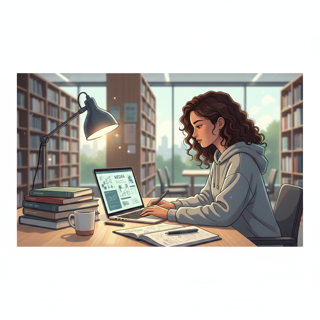Étudiant travaillant sur son mémoire avec un ordinateur portable affichant des graphiques et du texte.