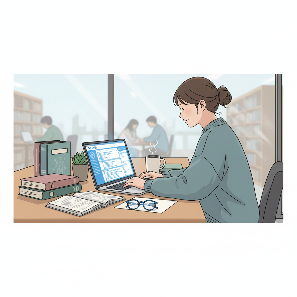 Étudiante infirmière travaillant sur son TFE à un bureau rempli de livres et d'un ordinateur portable affichant Medra.