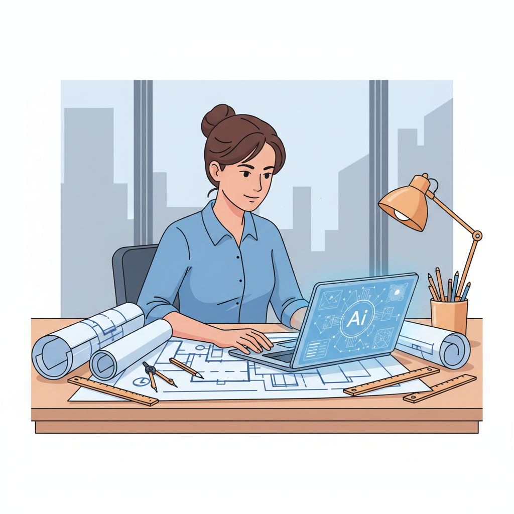 Étudiant en architecture utilisant un ordinateur avec une interface IA pour son projet.