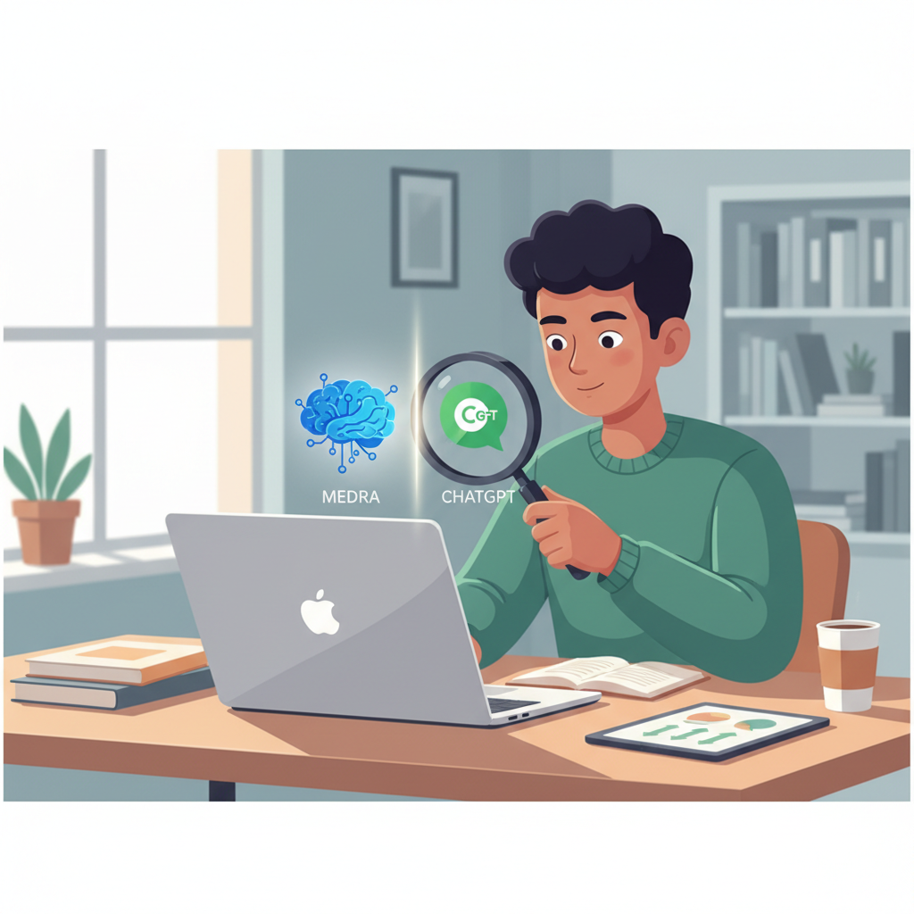 Étudiant comparant les interfaces de Medra et ChatGPT sur un ordinateur portable.