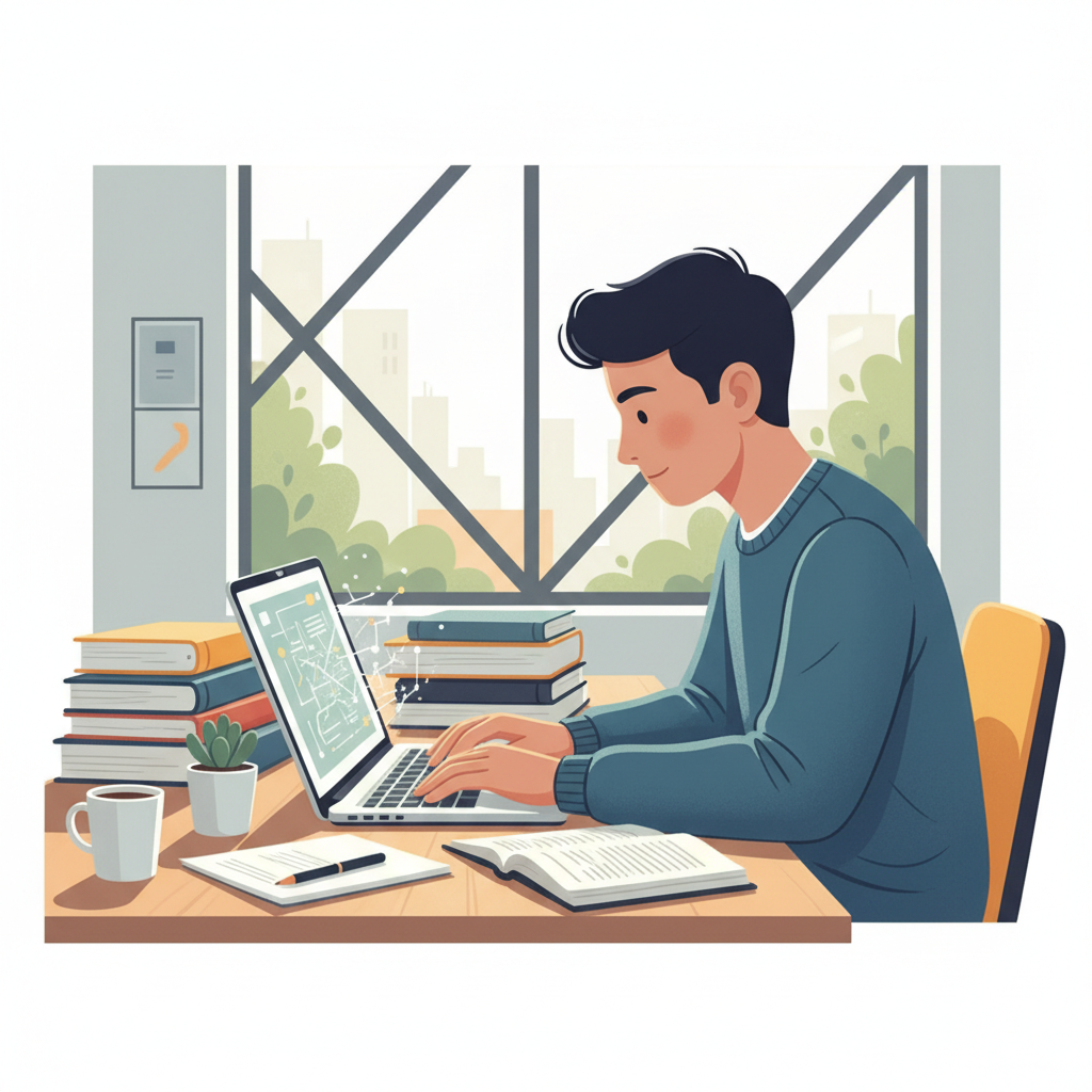 Étudiant concentré travaillant sur la rédaction de sa thèse sur un ordinateur portable.