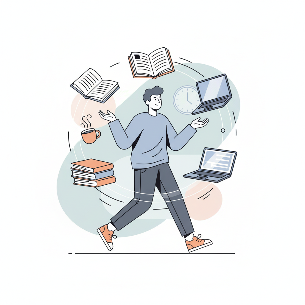 Étudiant jonglant entre livres, ordinateur et café, symbolisant la gestion du temps.