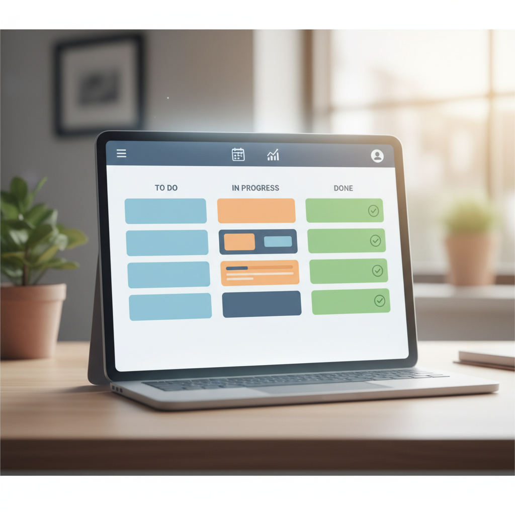 Interface d'une application de productivité de type Kanban sur un écran de tablette.