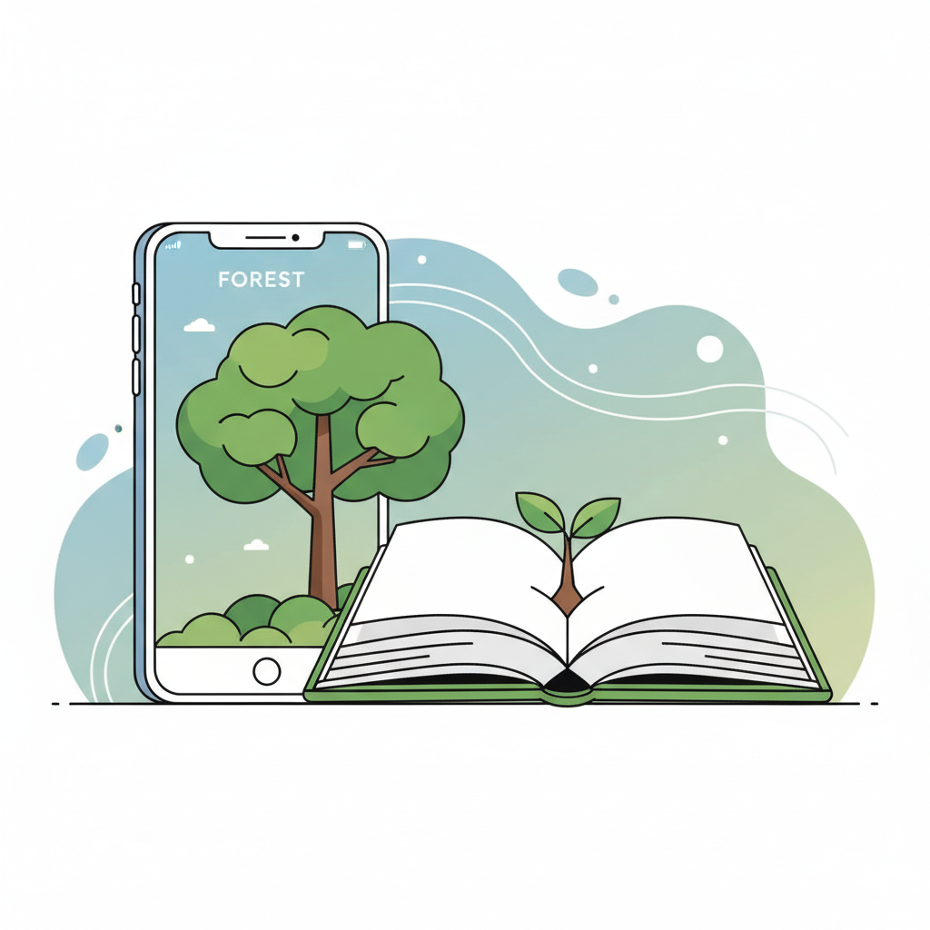 Smartphone affichant l'application Forest avec un arbre en pleine croissance à côté d'un livre ouvert.