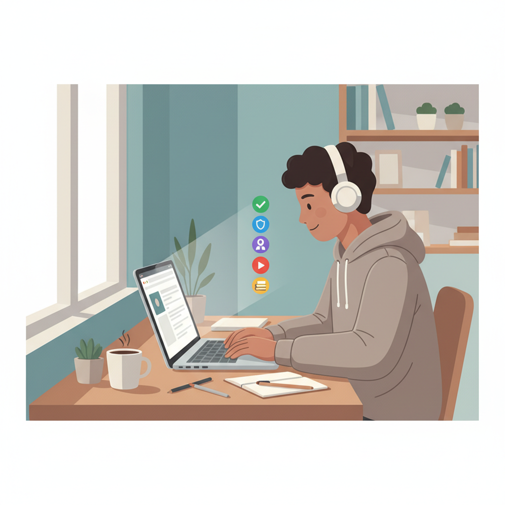 Un étudiant utilisant un ordinateur portable avec des icônes d'extensions Chrome flottant autour de l'écran.
