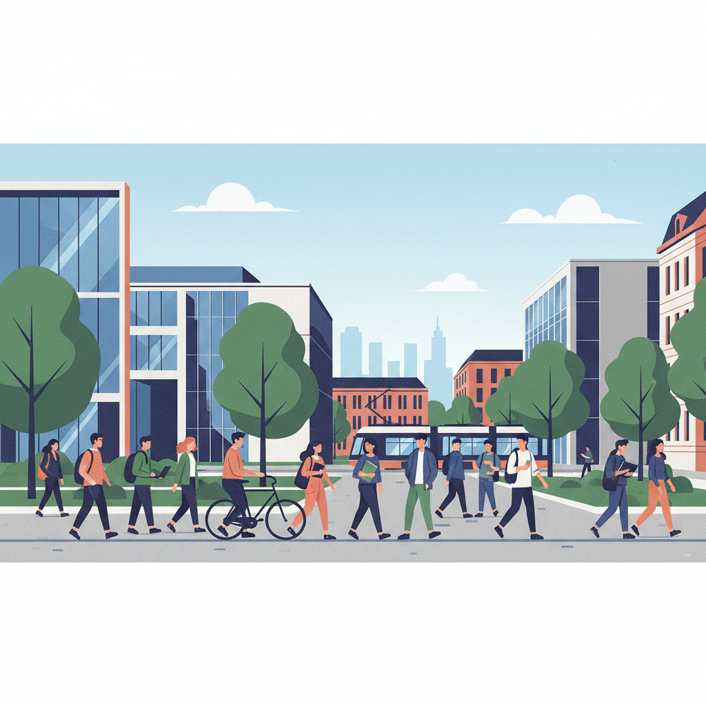 Étudiants discutant sur le campus du Solbosch de l'ULB à Bruxelles.