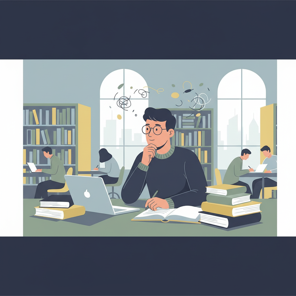 Étudiant dans une bibliothèque, réfléchissant à son sujet de mémoire.