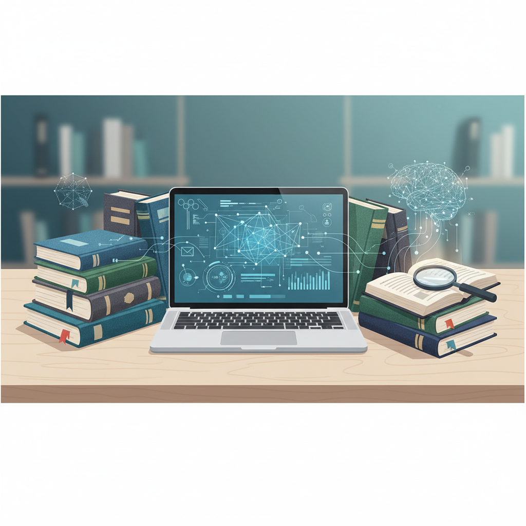 Bureau avec des livres académiques, un ordinateur portable affichant des bases de données de recherche.