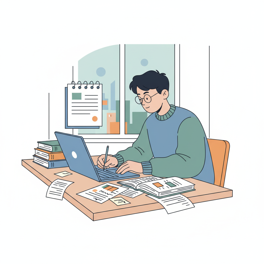 Étudiant concentré, rédigeant son mémoire à un bureau rempli de livres et de notes.