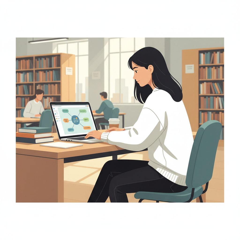 Un étudiant utilisant un logiciel de mind mapping sur son ordinateur portable dans une bibliothèque.