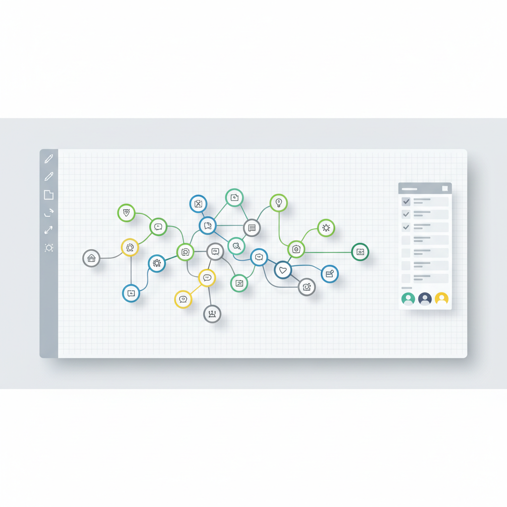 Interface d'un tableau blanc numérique comme Miro montrant une carte mentale entourée d'autres éléments.