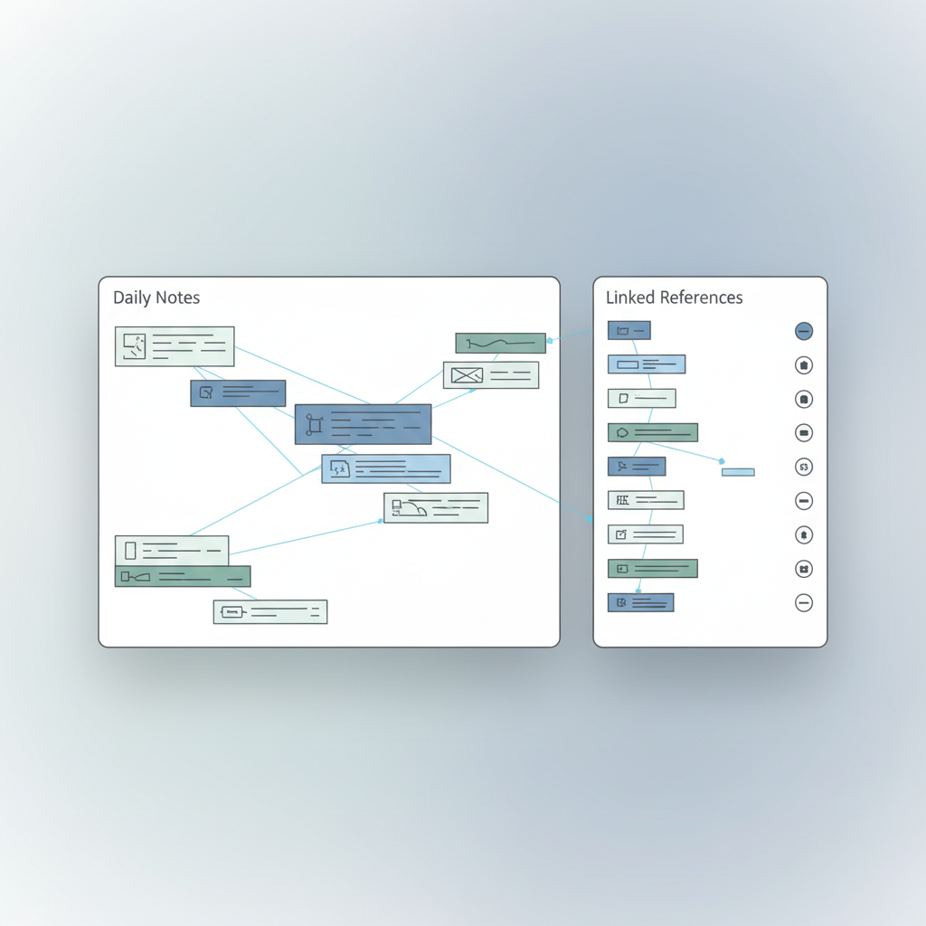 Interface de Roam Research avec des notes quotidiennes et des références liées dans la barre latérale.