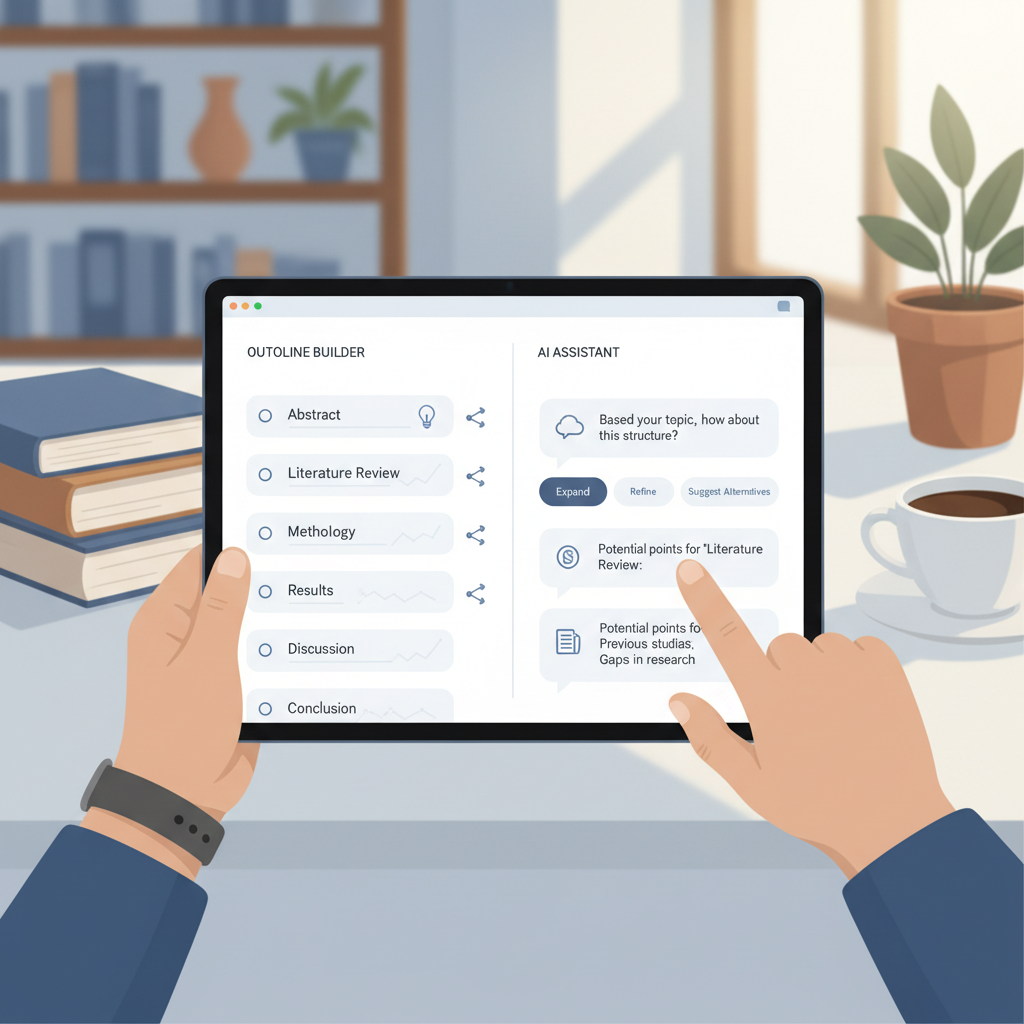 Interface utilisateur de Medra montrant comment l'IA aide à structurer un document académique.