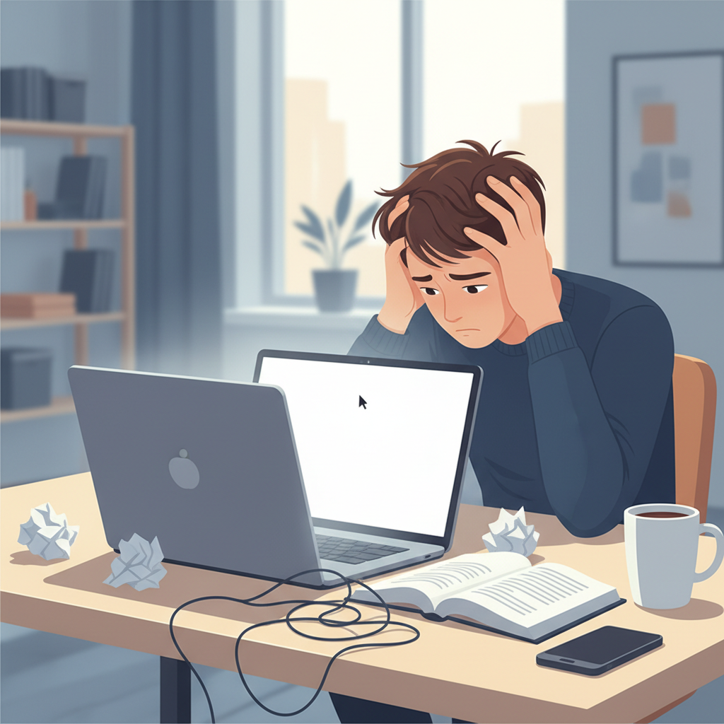Étudiant en difficulté devant une page blanche pour son plan de mémoire.