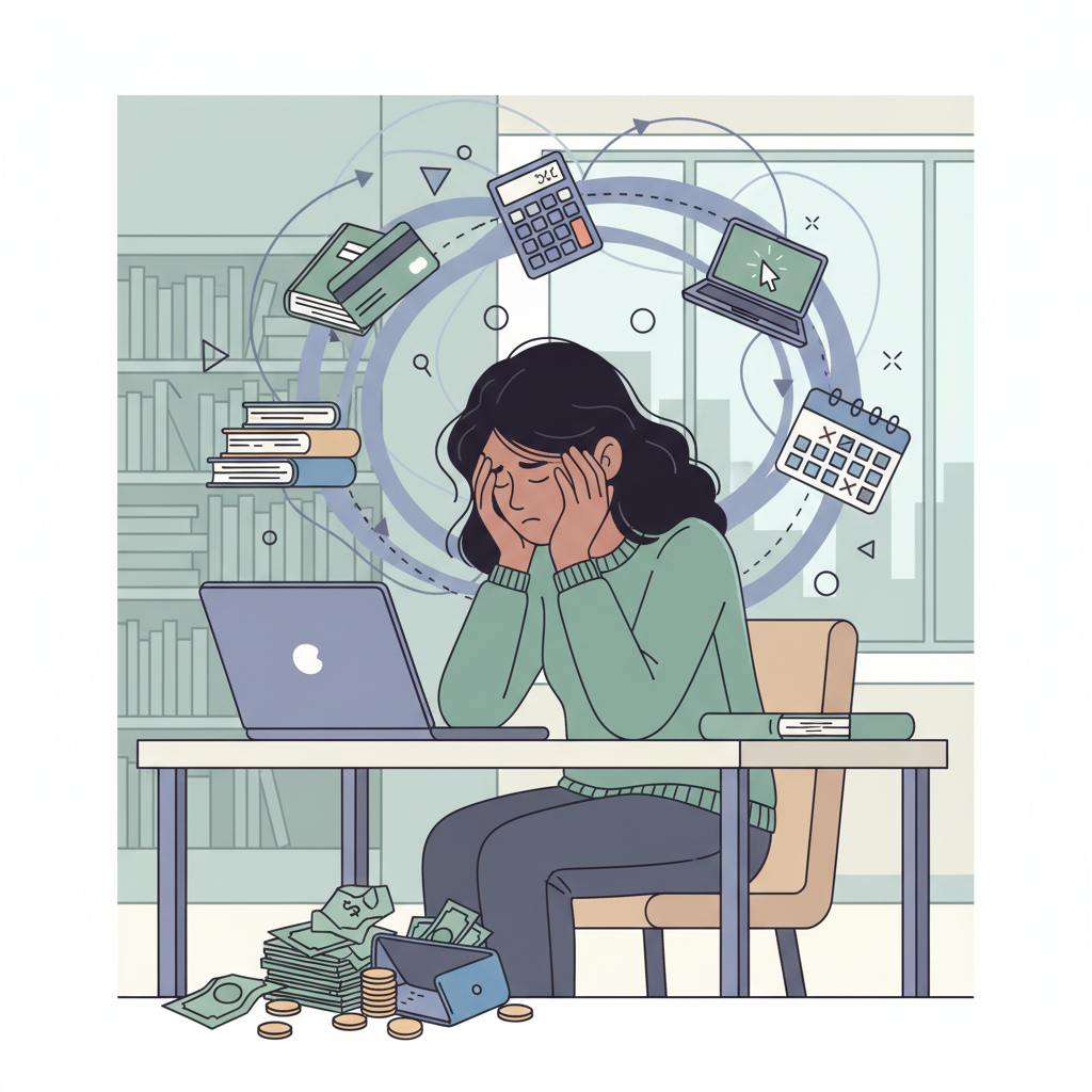 Étudiant stressé regardant des factures et son ordinateur portable de travail universitaire.