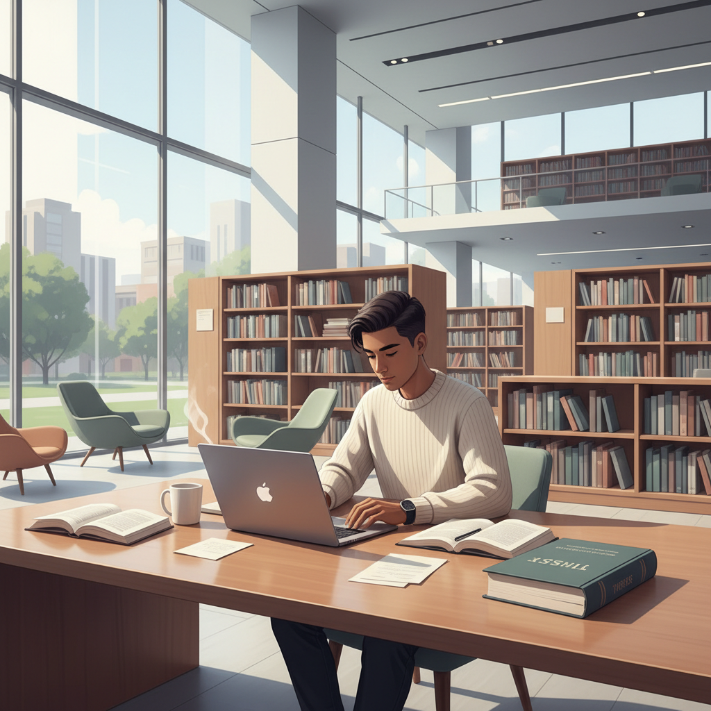Étudiante réfléchissant à son sujet de mémoire dans une bibliothèque moderne.