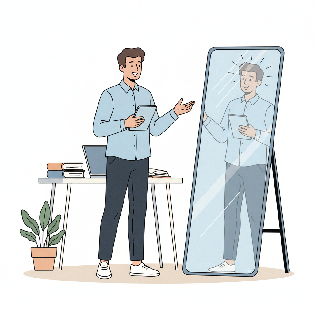 Étudiant s'entraînant pour sa soutenance devant un miroir, chronomètre à la main.