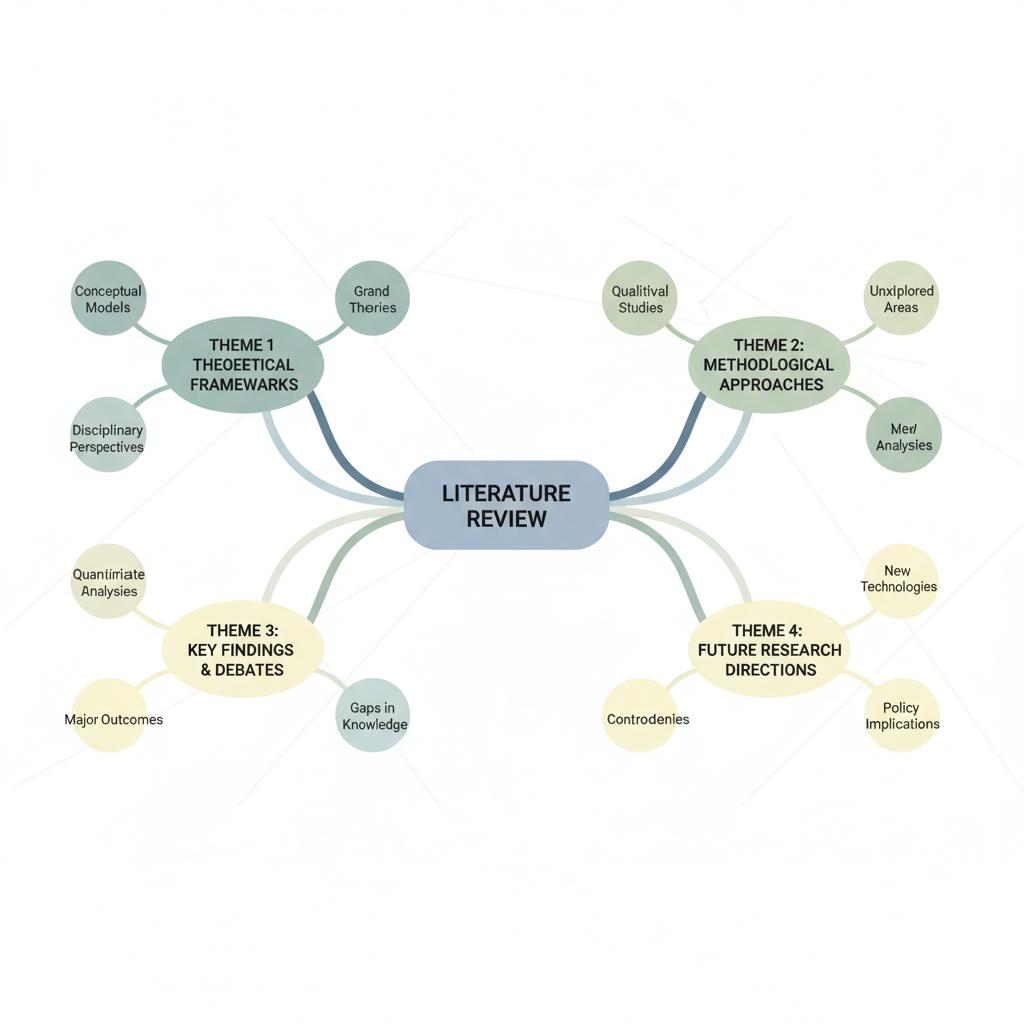 Schéma de mind mapping illustrant l'organisation thématique d'une revue de littérature.
