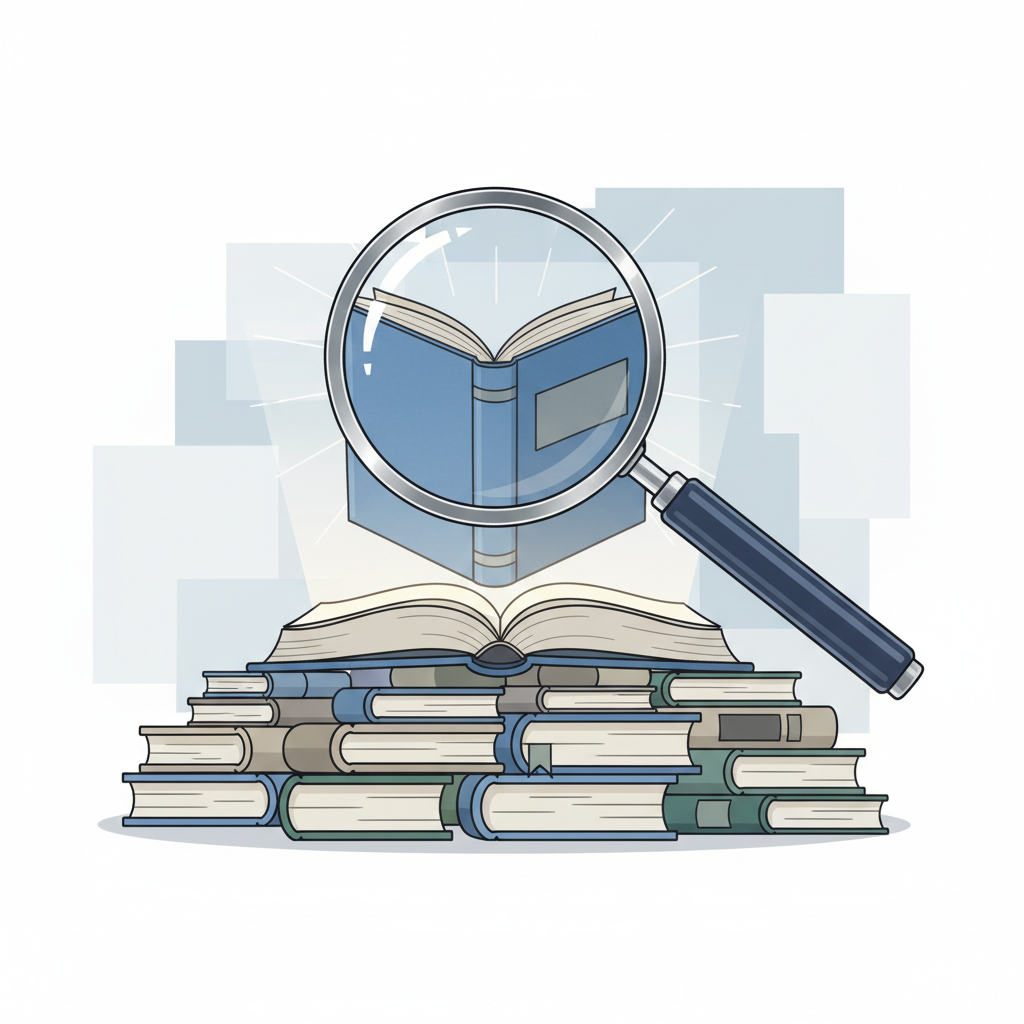 Une loupe focalisée sur un livre de qualité au sommet d'une pile, symbolisant la sélection rigoureuse des sources.