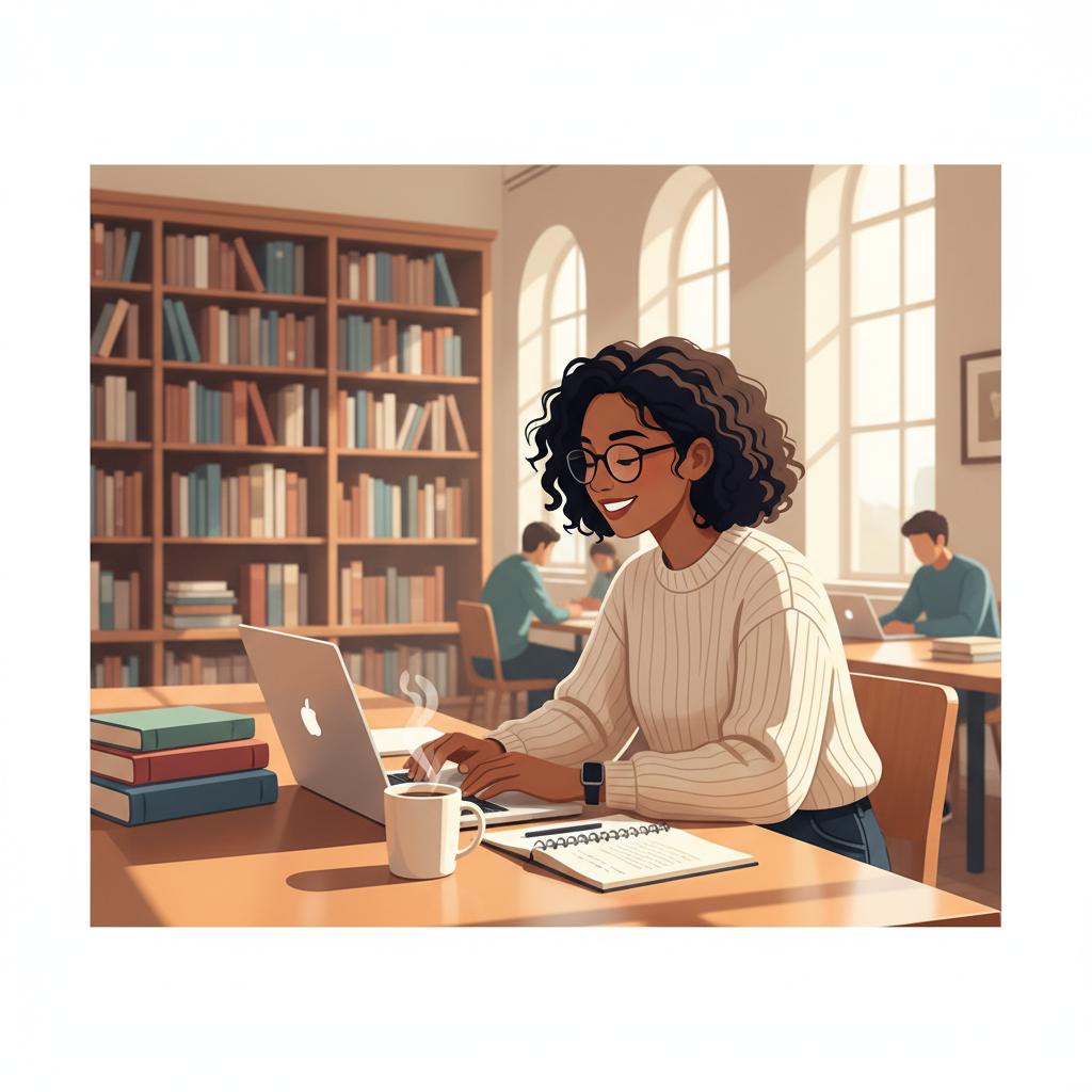 Étudiante souriante travaillant sur son mémoire sur un ordinateur portable dans une bibliothèque lumineuse.