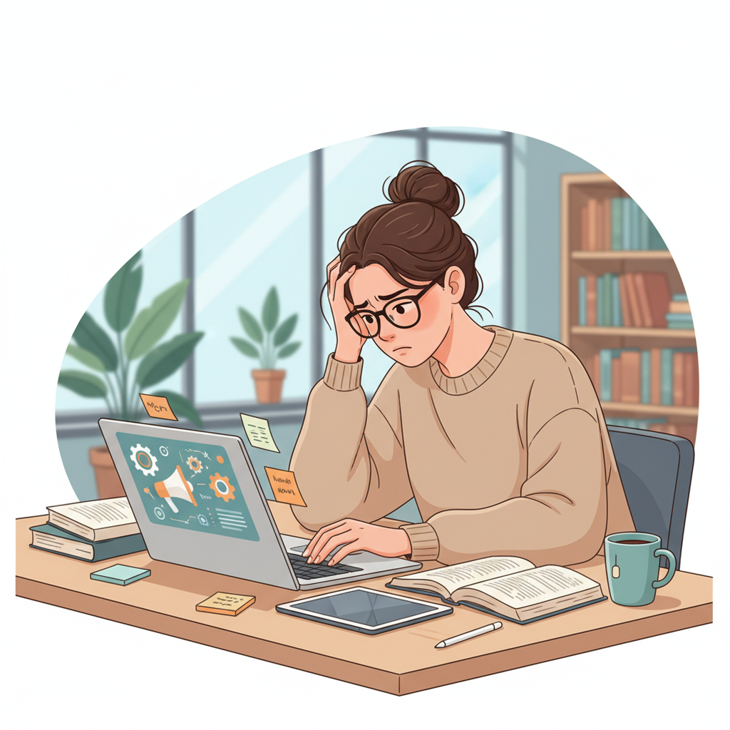Étudiante stressée devant son ordinateur portable avec des livres sur le marketing digital.
