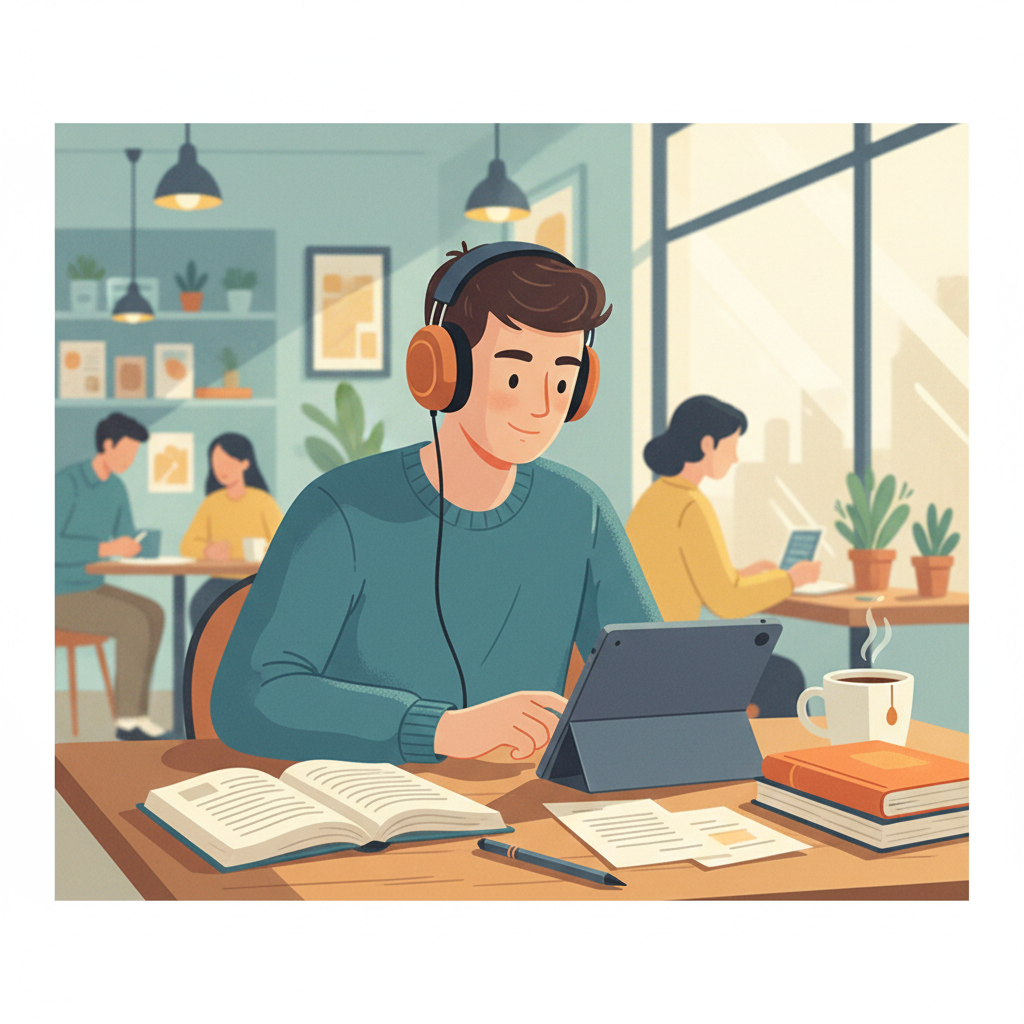 Étudiant en commerce écoutant un podcast avec des écouteurs tout en prenant des notes dans un café.