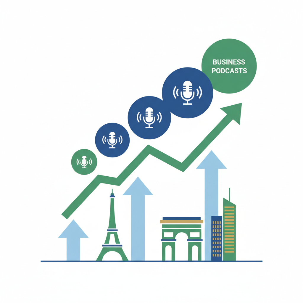 Graphique montrant l'augmentation de l'écoute de podcasts liés au business en France.