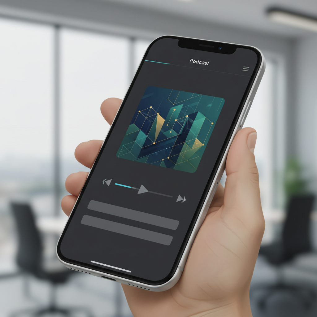 Smartphone affichant une application de podcast avec des couvertures de podcasts business.