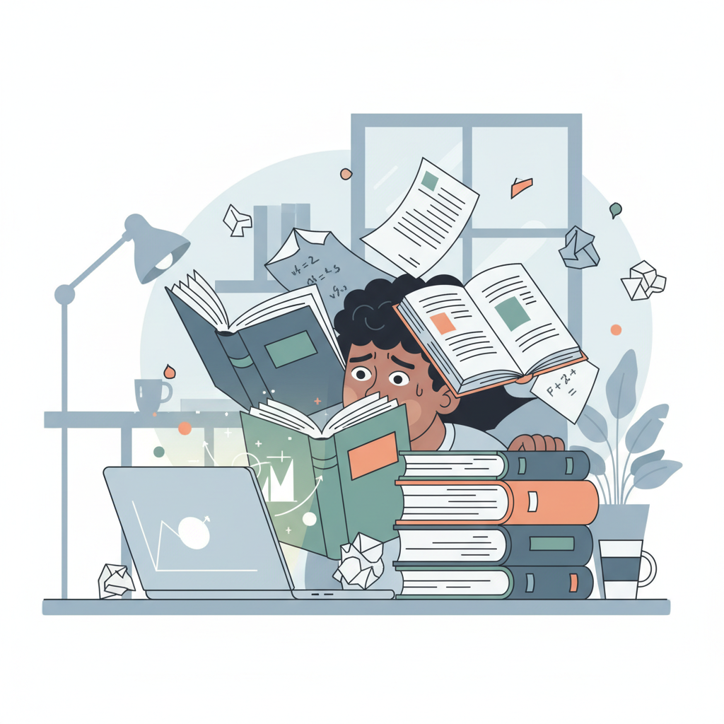Étudiant stressé par la gestion de son mémoire, entouré de livres et de notes.