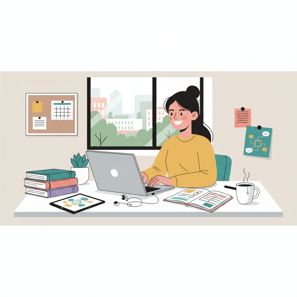 Étudiant souriant et organisé, travaillant sur son ordinateur portable pour son mémoire.