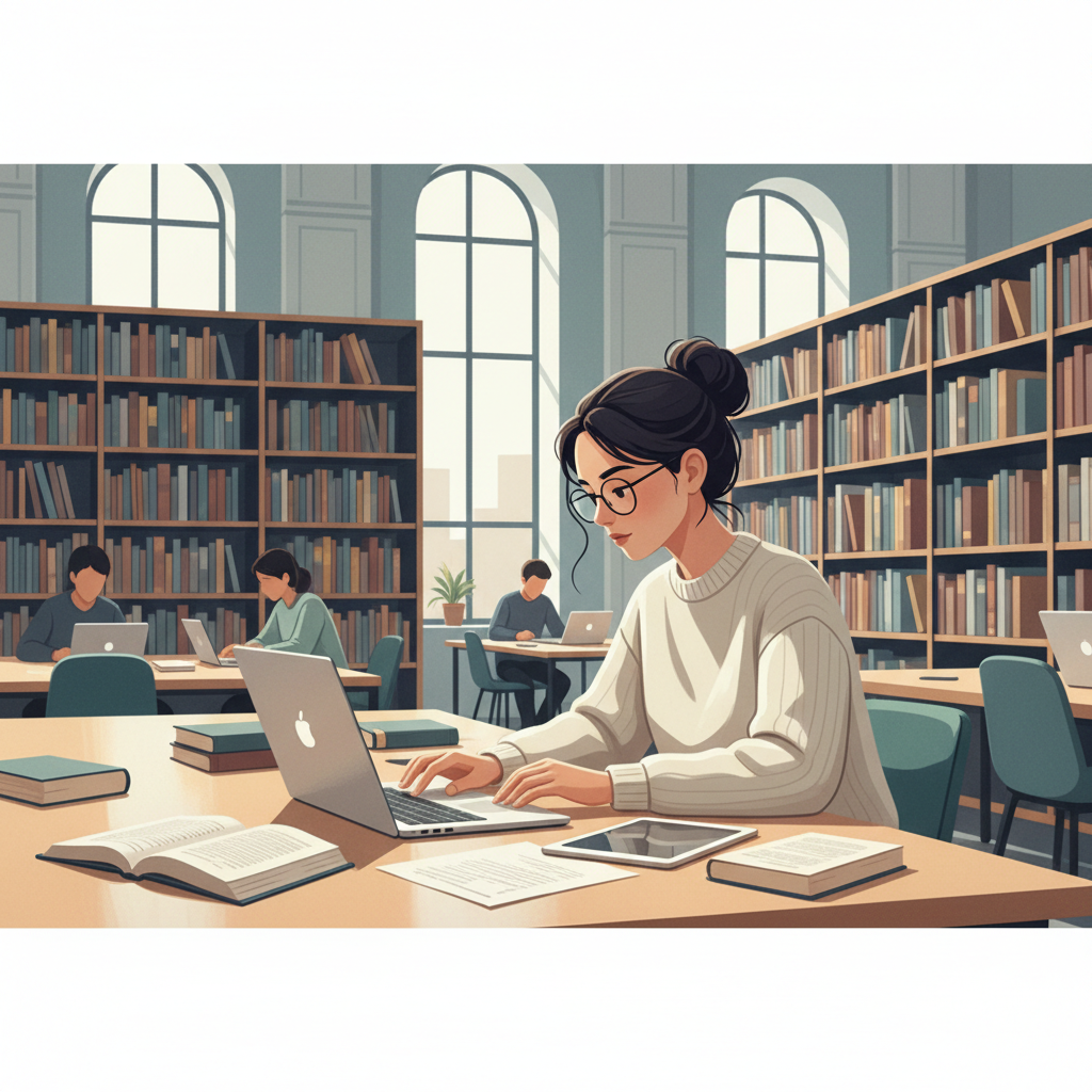 Étudiante dans une bibliothèque universitaire, entourée de livres et travaillant sur son ordinateur portable pour son mémoire de recherche.