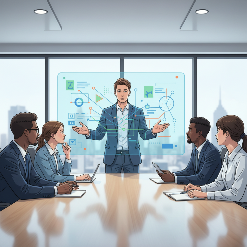 Jeune professionnel en costume présentant une stratégie sur un tableau blanc lors d'une réunion d'entreprise.