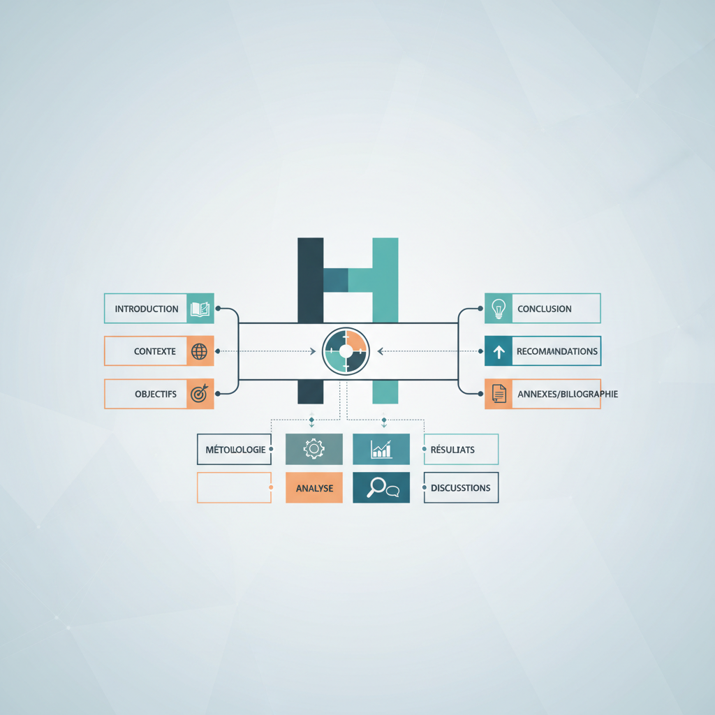 Schéma conceptuel illustrant les différentes sections d'un rapport de stage : introduction, présentation de l'entreprise, missions, analyse et conclusion.