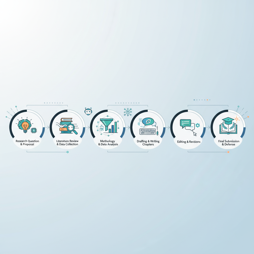 Infographie montrant les étapes de la rédaction d'un mémoire assistée par l'IA : recherche, plan, rédaction, révision.