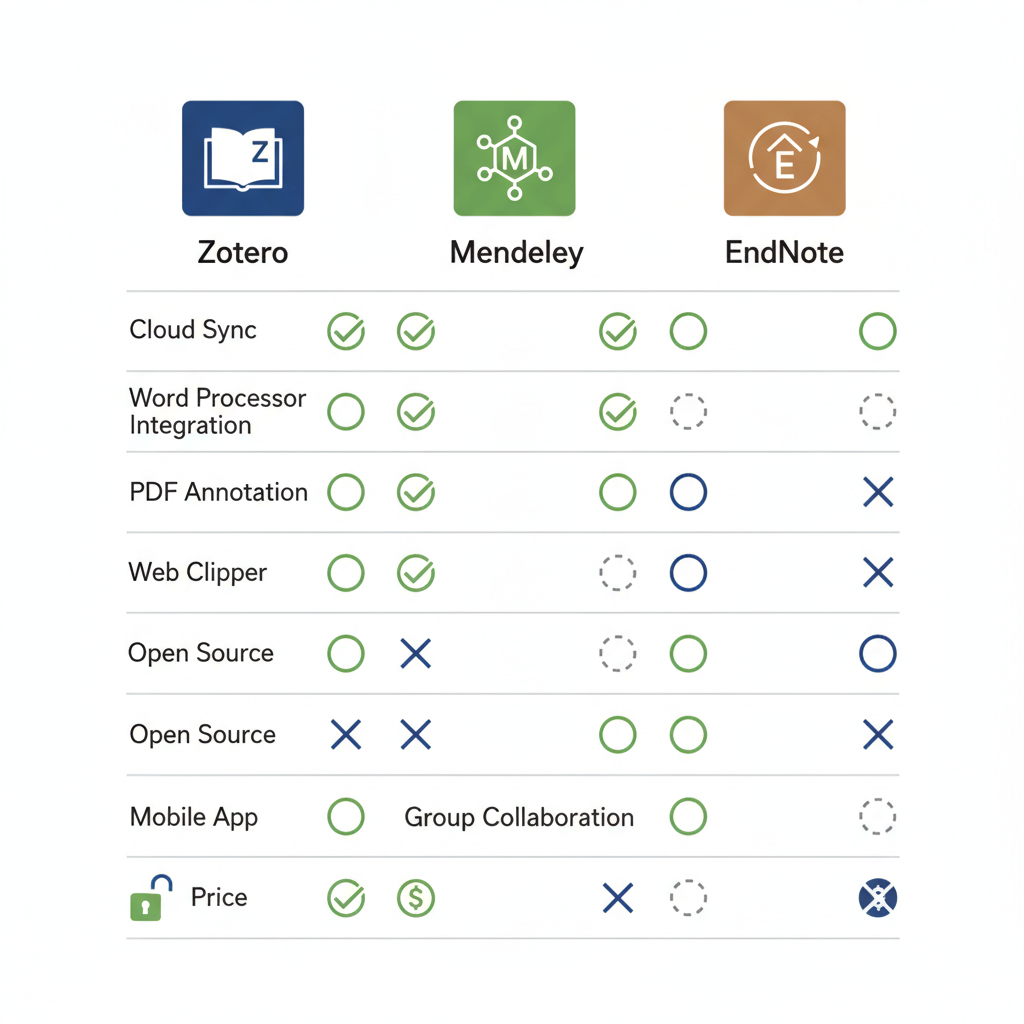 Tableau comparatif des fonctionnalités de Zotero, Mendeley et EndNote.